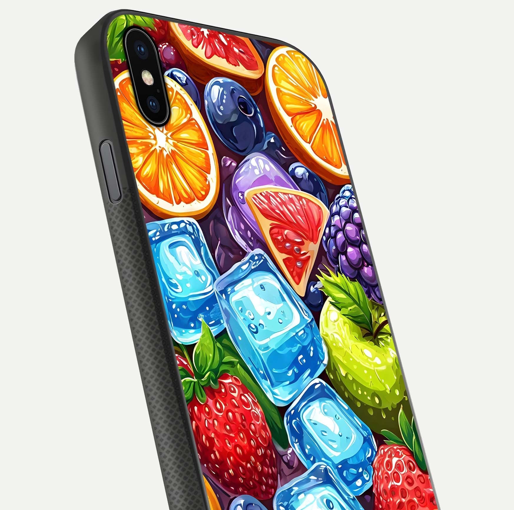 Colorful Fruits with Ice Glass Case for iPhone Xs Max close-up highlighting fruit color and reflection glow