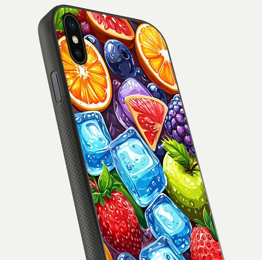Colorful Fruits with Ice Glass Case for iPhone Xs Max close-up highlighting fruit color and reflection glow