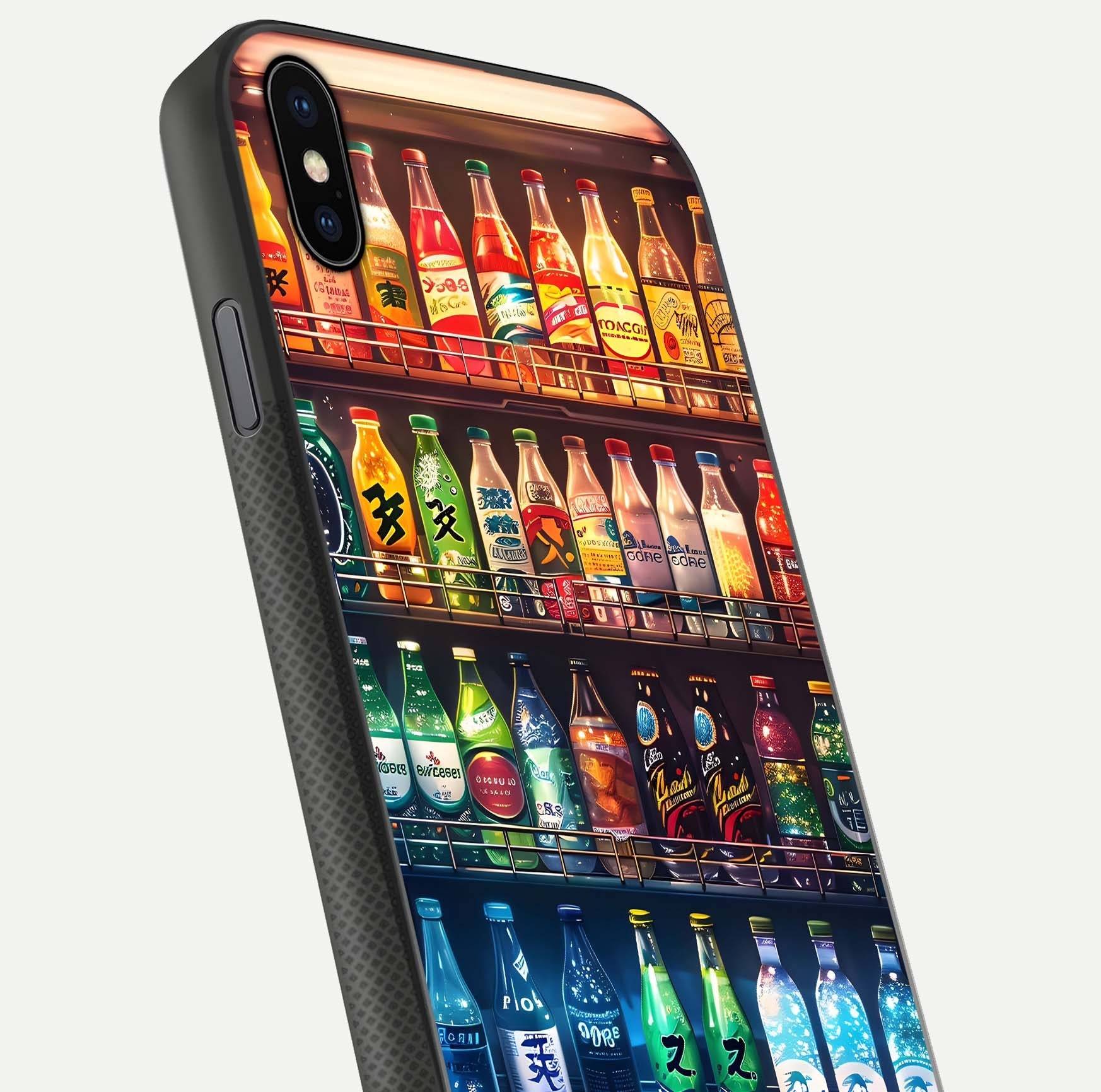 Colorful Soda Bottles Glass Case for iPhone Xs Max close-up showing colorful bottles and HD reflection