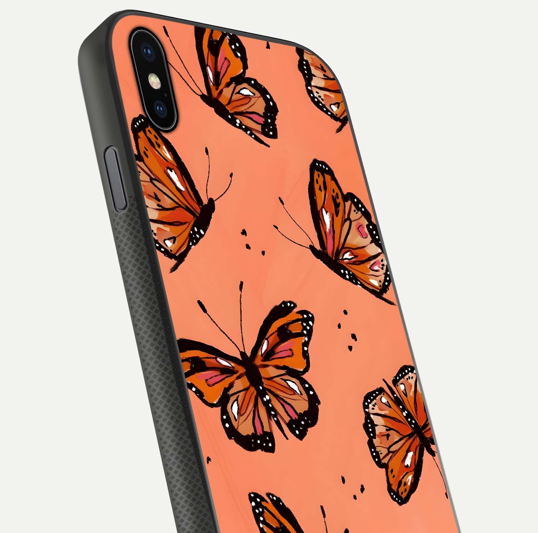 Coral Wing Butterfly Glass Case for iPhone Xs Max close-up highlighting wing pattern, coral tones, and reflection shine