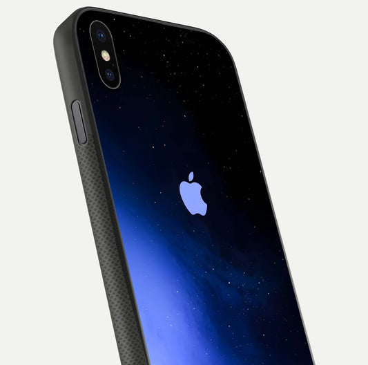 Cosmic Blue Apple Glass Case for iPhone Xs Max close-up highlighting galaxy pattern, shine, and reflection detail
