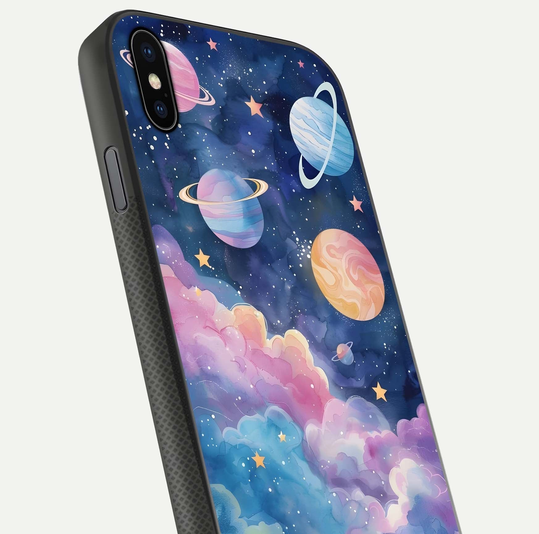 Cosmic Planet Dreams Glass Case for iPhone Xs Max close-up highlighting planetary details and reflection glow