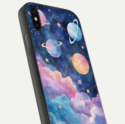 Cosmic Planet Dreams Glass Case for iPhone Xs Max close-up highlighting planetary details and reflection glow