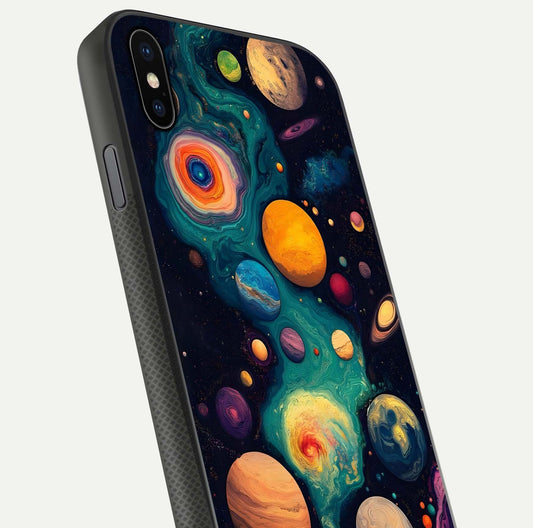 Cosmic Planet Journey Glass Case for iPhone Xs Max close-up highlighting planets, stars, and shine reflection