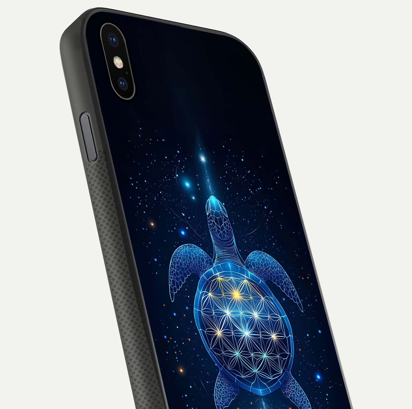 Crimson Blue Turtle Glass Case for iPhone Xs Max close-up highlighting turtle shell detail and shine reflection