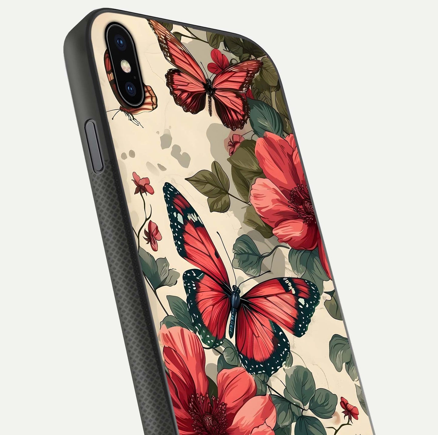 Crimson Butterfly Garden Glass Case for iPhone Xs Max close-up showing wing detail and reflection shine