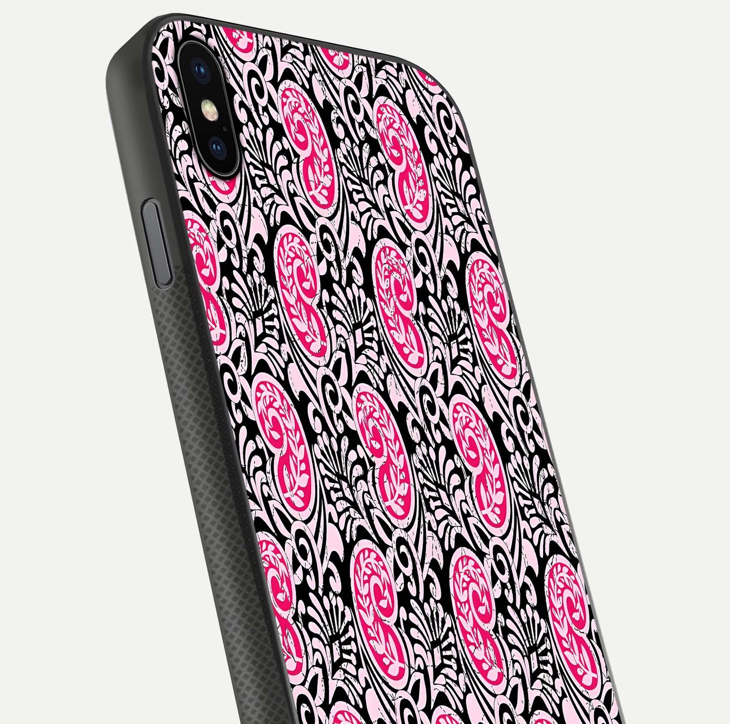 Crimson Paisley Charm Glass Case for iPhone Xs Max close-up highlighting fine pattern detail and reflection tone
