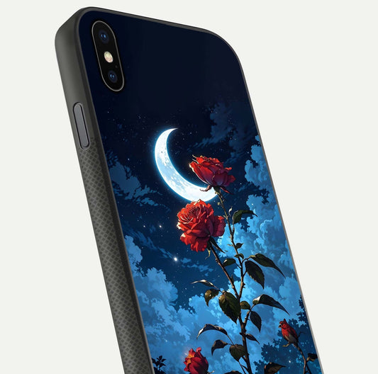 Crimson Rose Moon Glass Case for iPhone Xs Max close-up showing rose detail and reflection highlight