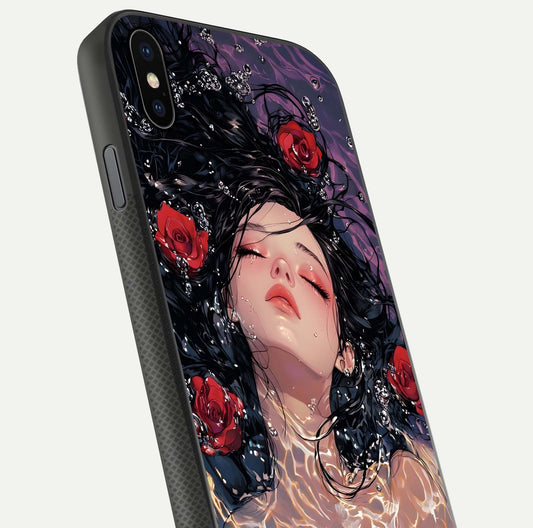 Crimson Rose Serenity Glass Case for iPhone Xs Max close-up highlighting rose gradient and reflection detail