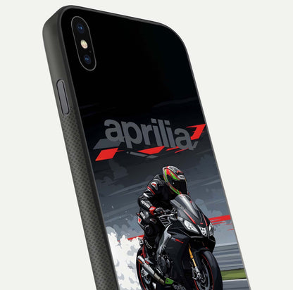 Dark Aprilla Glass Case for iPhone Xs Max close-up highlighting detailing and reflection effect