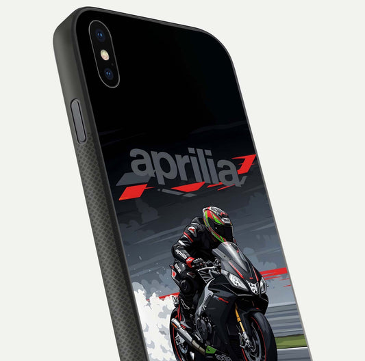 Dark Aprilla Glass Case for iPhone Xs Max close-up highlighting detailing and reflection effect