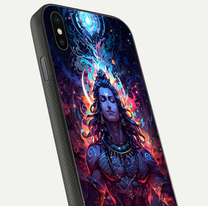Divine Fire Shiv Glass Case for iPhone Xs Max close-up highlighting divine detailing and reflection depth