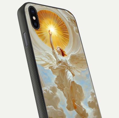 Divine Light Angel Glass Case for iPhone Xs Max close-up highlighting light rays and glass reflection