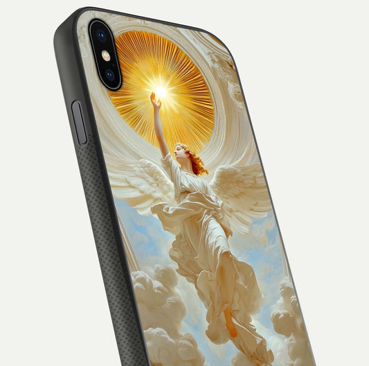 Divine Light Angel Glass Case for iPhone Xs Max close-up highlighting light rays and glass reflection