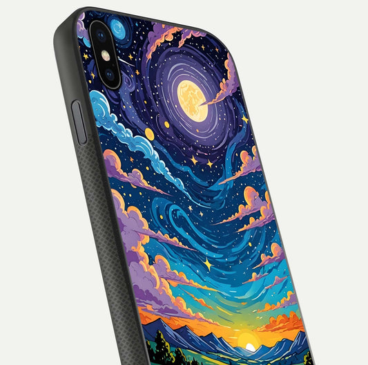 Dreamy Night Landscape Glass Case for iPhone Xs Max close-up highlighting stars and reflection tone