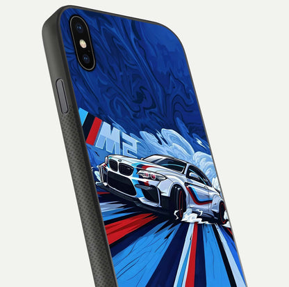 Drift Power Rush Glass Case for iPhone Xs Max close-up highlighting car reflection and metallic tones