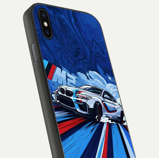 Drift Power Rush Glass Case for iPhone Xs Max close-up highlighting car reflection and metallic tones