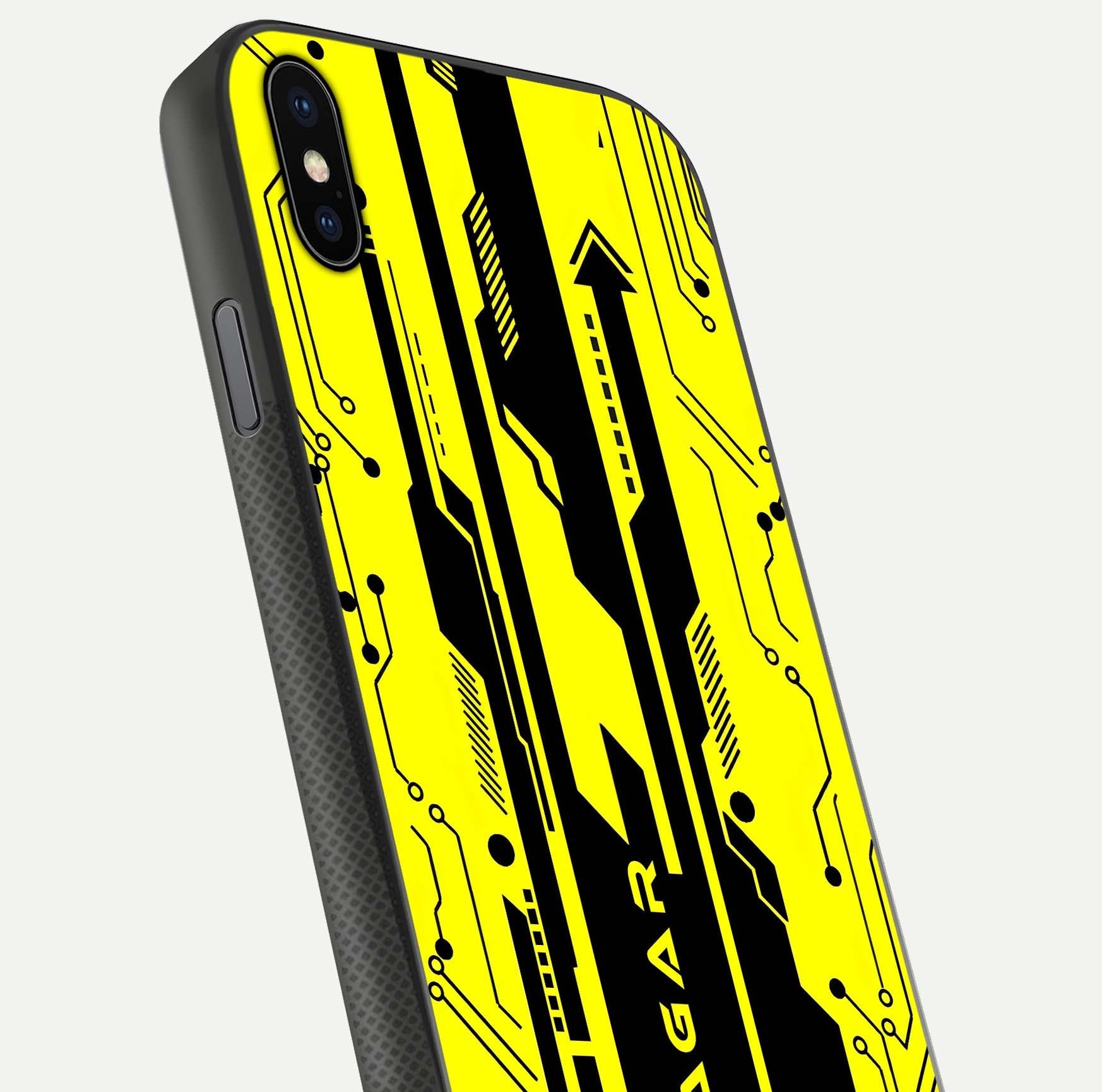 Electric Pulse CYBERPUNK Custom Name Glass Case for iPhone Xs Max close-up highlighting tech pattern, lighting effect, and reflection shine