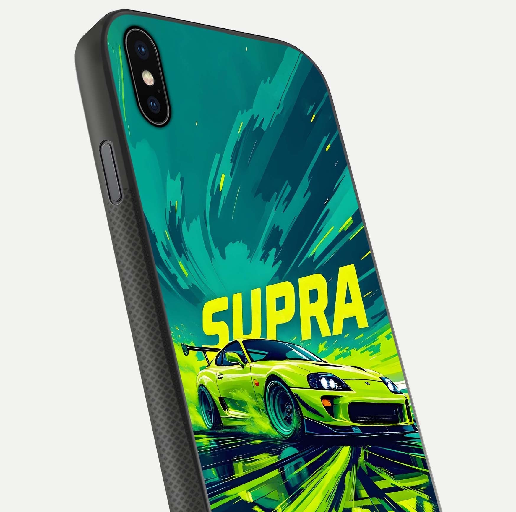 Electric Supra Thunder Glass Case for iPhone Xs Max close-up highlighting car reflection, neon tones, and gloss polish