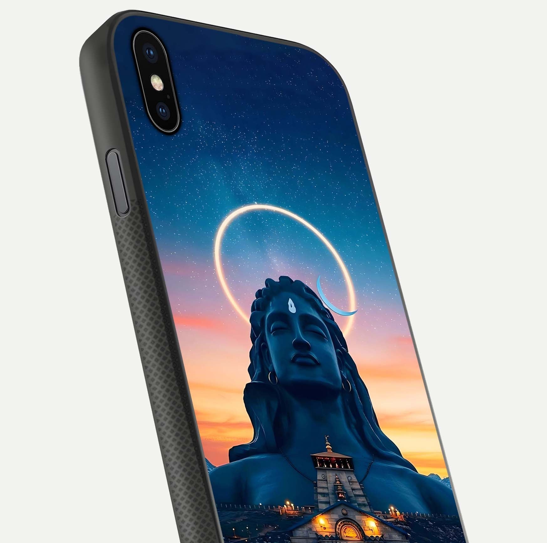 Eternal Shiva Aura Glass Case for iPhone Xs Max close-up highlighting divine detailing and reflection light