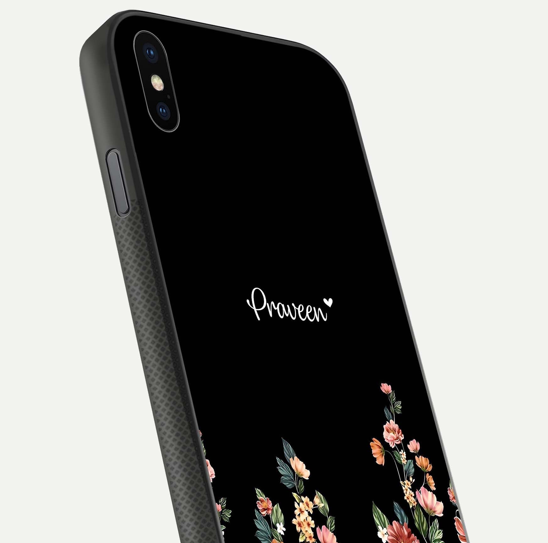 Floral Design Personalized Custom Name Glass Case for iPhone Xs Max close-up highlighting name clarity, petals, and gloss
