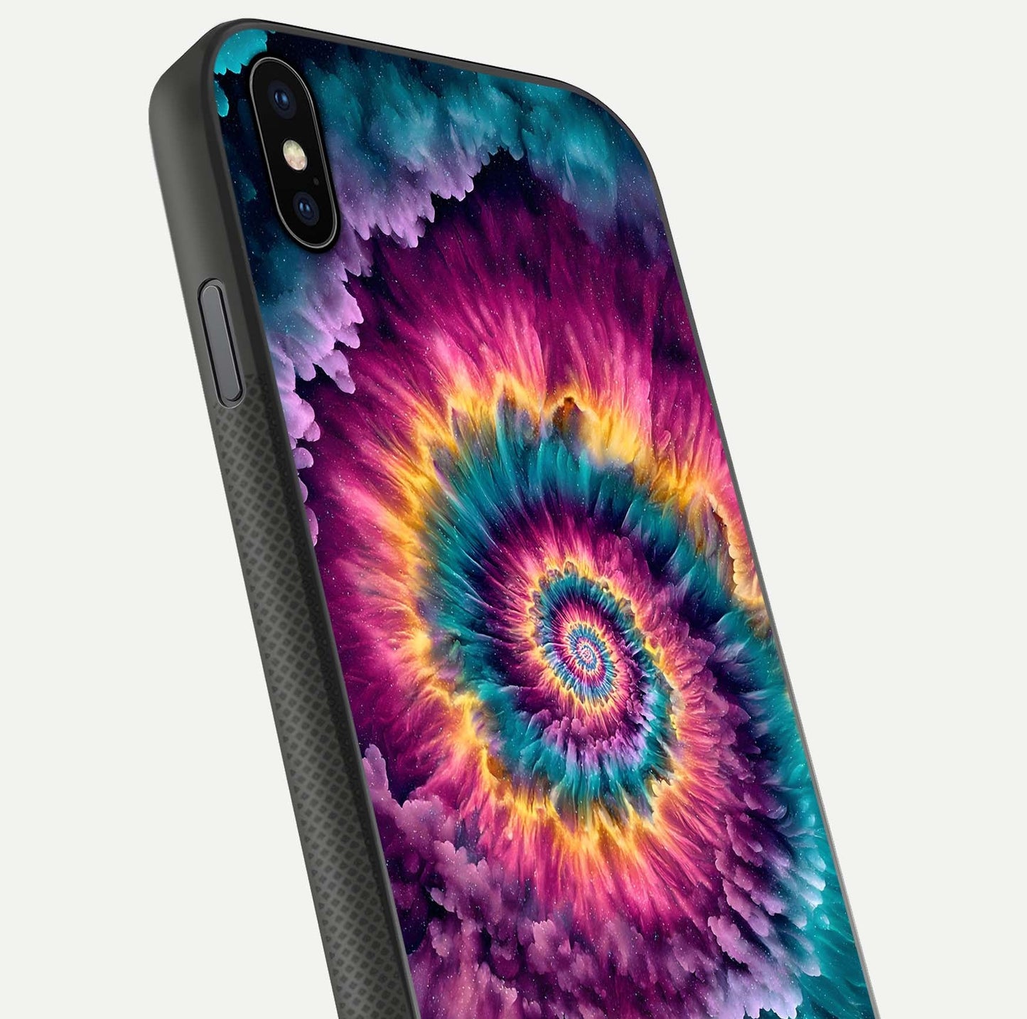 Galactic Spiral Burst Glass Case for iPhone Xs Max close-up angled shot showing spiral burst detail, neon tones, and glossy reflection