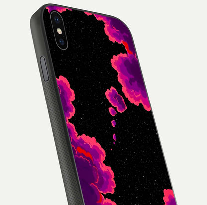 Galaxy Dream Frame Glass Case for iPhone Xs Max close-up angled shot showing nebula patterns and reflection glow