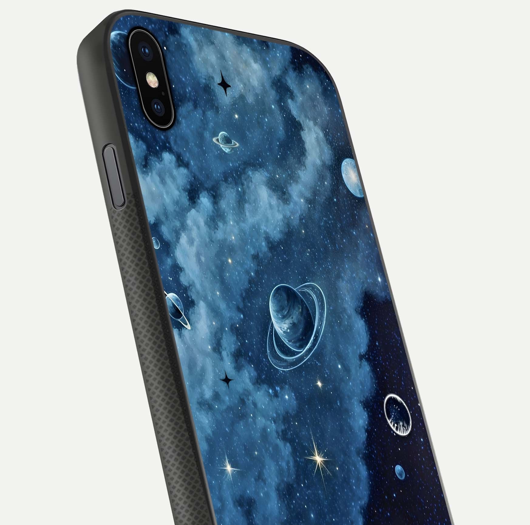 Galaxy Dream Space Glass Case for iPhone Xs Max close-up angled shot highlighting nebula details and reflection shine