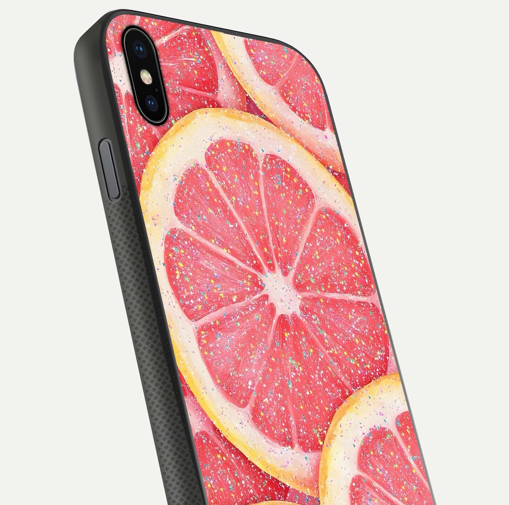 Glitter Grapefruit Glass Case for iPhone Xs Max close-up angled shot showing fruit texture and glitter reflection