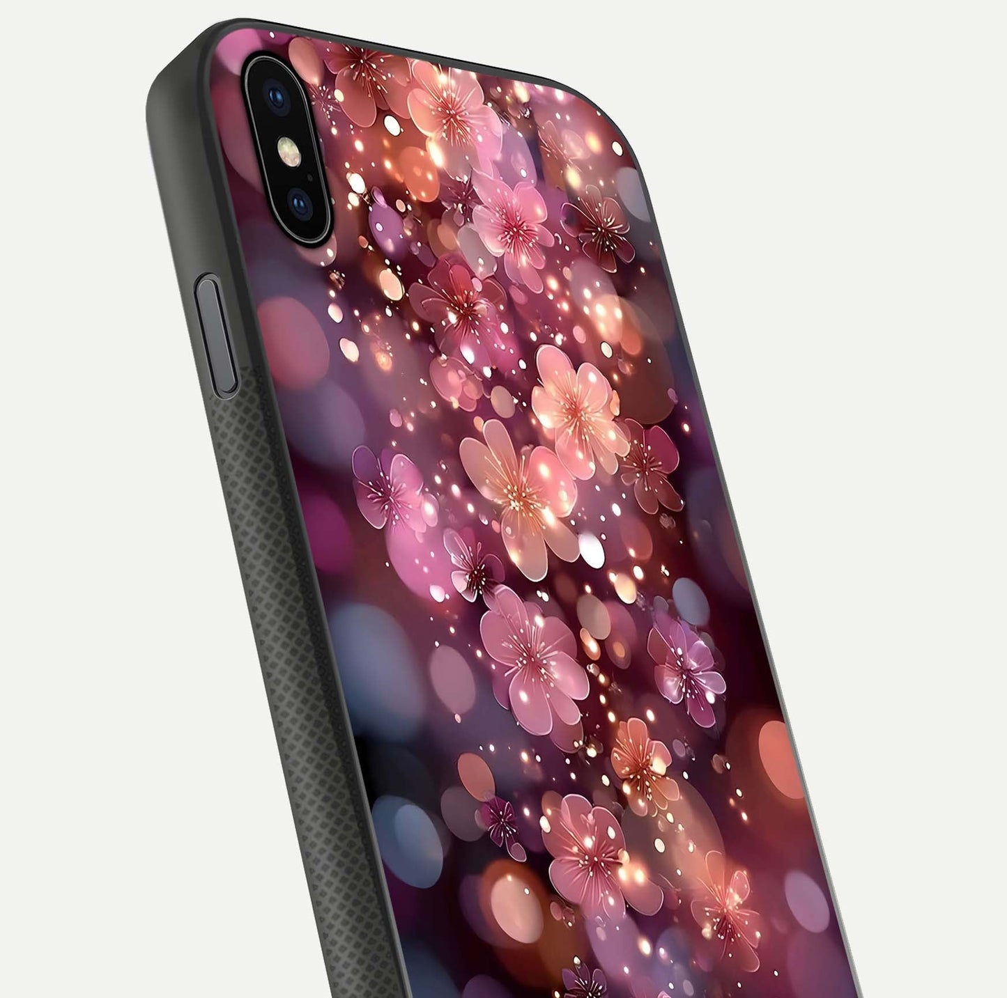 Glowing Petal Bliss Glass Case for iPhone Xs Max close-up angled shot showing petal glow, color depth, and reflection shine