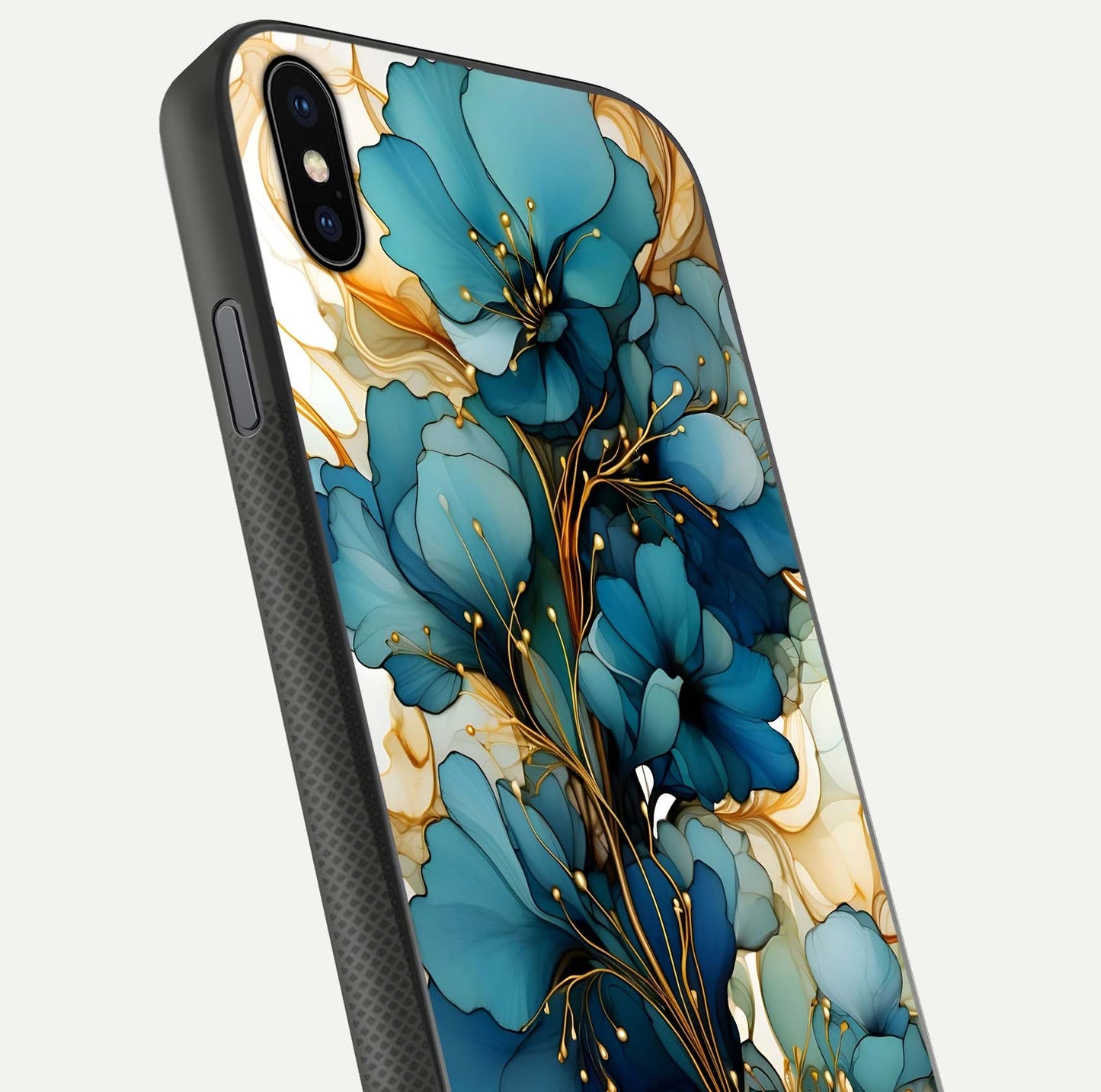Golden Bloom Symphony Glass Case for iPhone Xs Max close-up angled shot showing detailed petals and metallic gold reflection