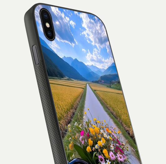 Golden Field Journey Glass Case for iPhone Xs Max close-up angled shot showing sunlight tones and reflection clarity