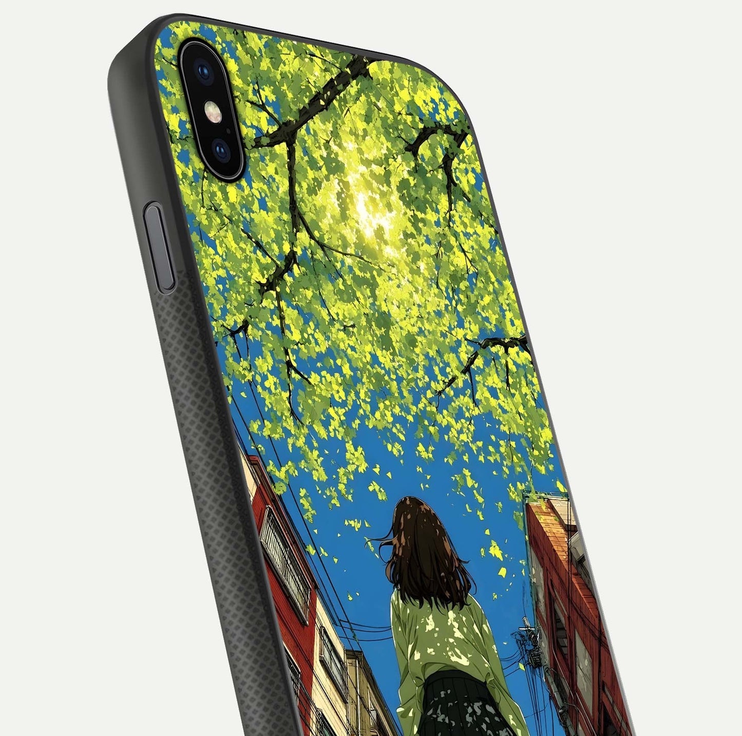 Golden Leaves Glow Glass Case for iPhone Xs Max close-up angled shot showing fine leaf texture and reflection shine