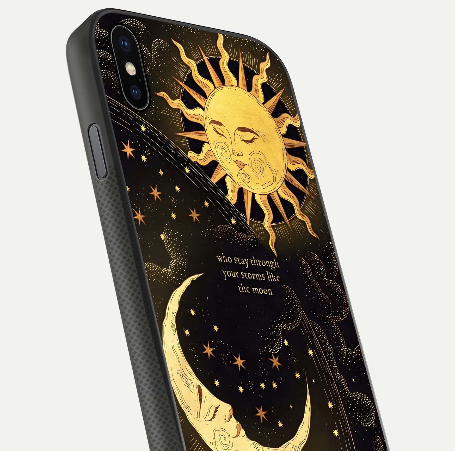 Golden Lunar Love Glass Case for iPhone Xs Max close-up angled shot showing moon glow, texture, and reflection polish