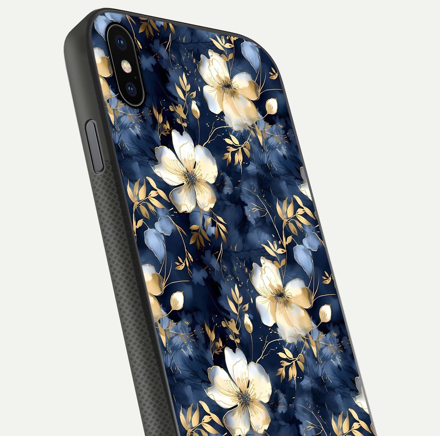 Golden Midnight Bloom Glass Case for iPhone Xs Max close-up angled shot showing floral detail and reflection shine