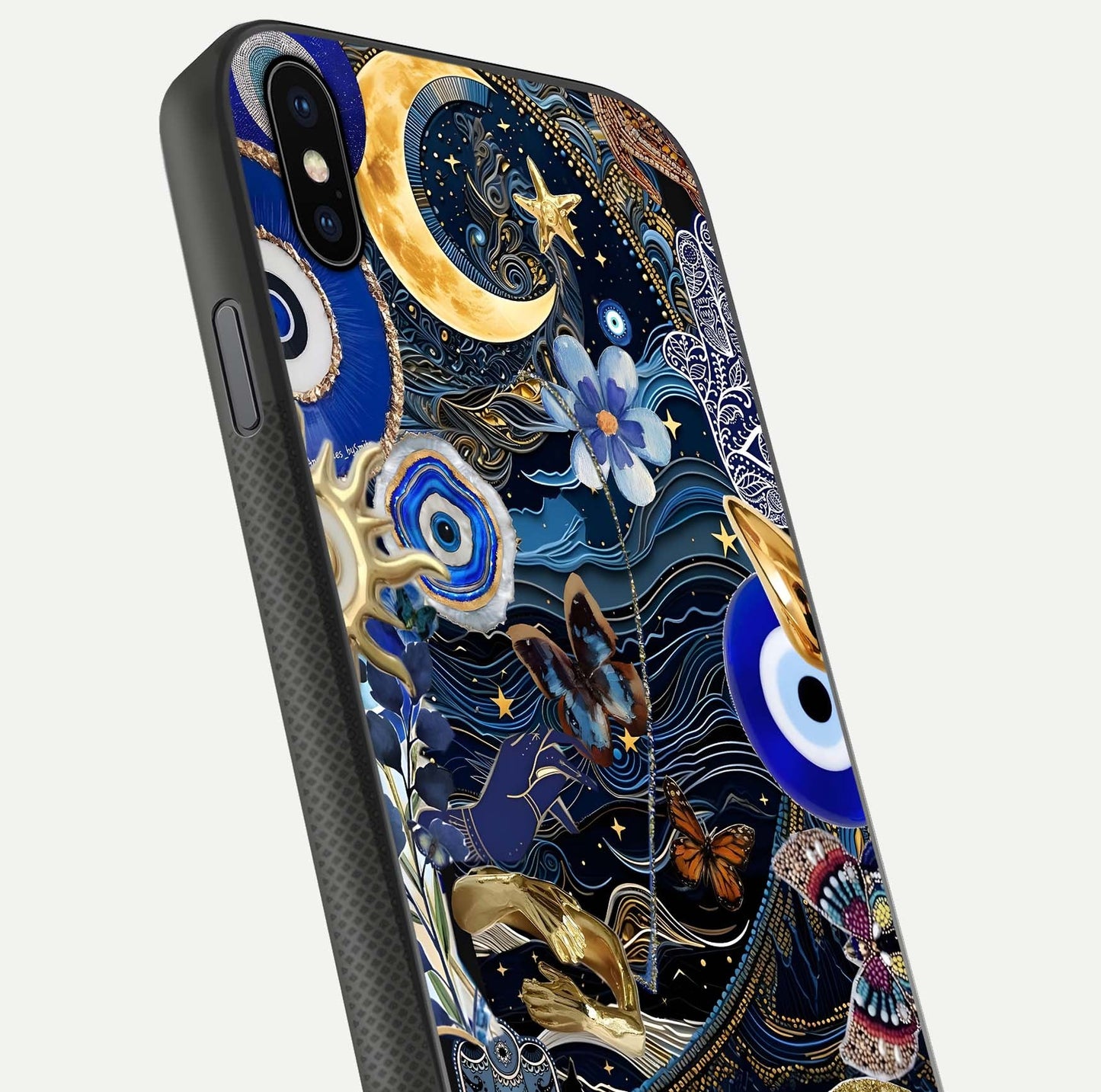 Golden Moon Magic Glass Case for iPhone Xs Max close-up angled shot showing lunar glow, star detail, and reflection brightness