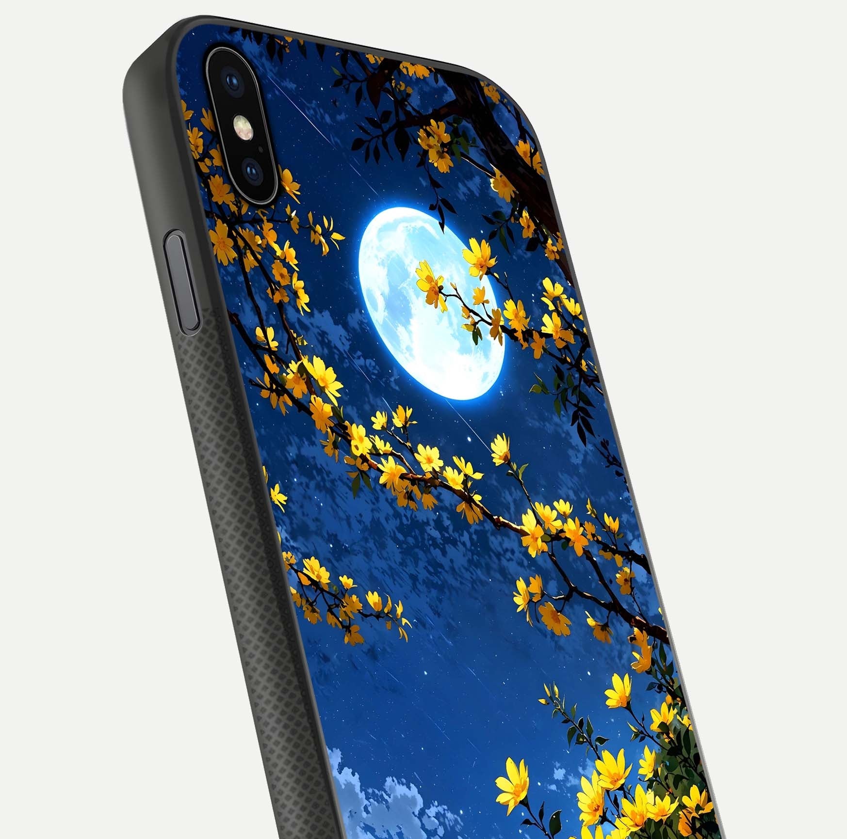 Golden Night Glow Glass Case for iPhone Xs Max close-up angled shot showing shimmer texture and light reflection