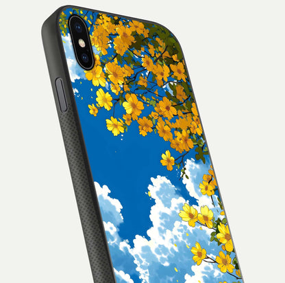 Golden Petal Sky Glass Case for iPhone Xs Max close-up angled shot showing petal texture and shine reflection