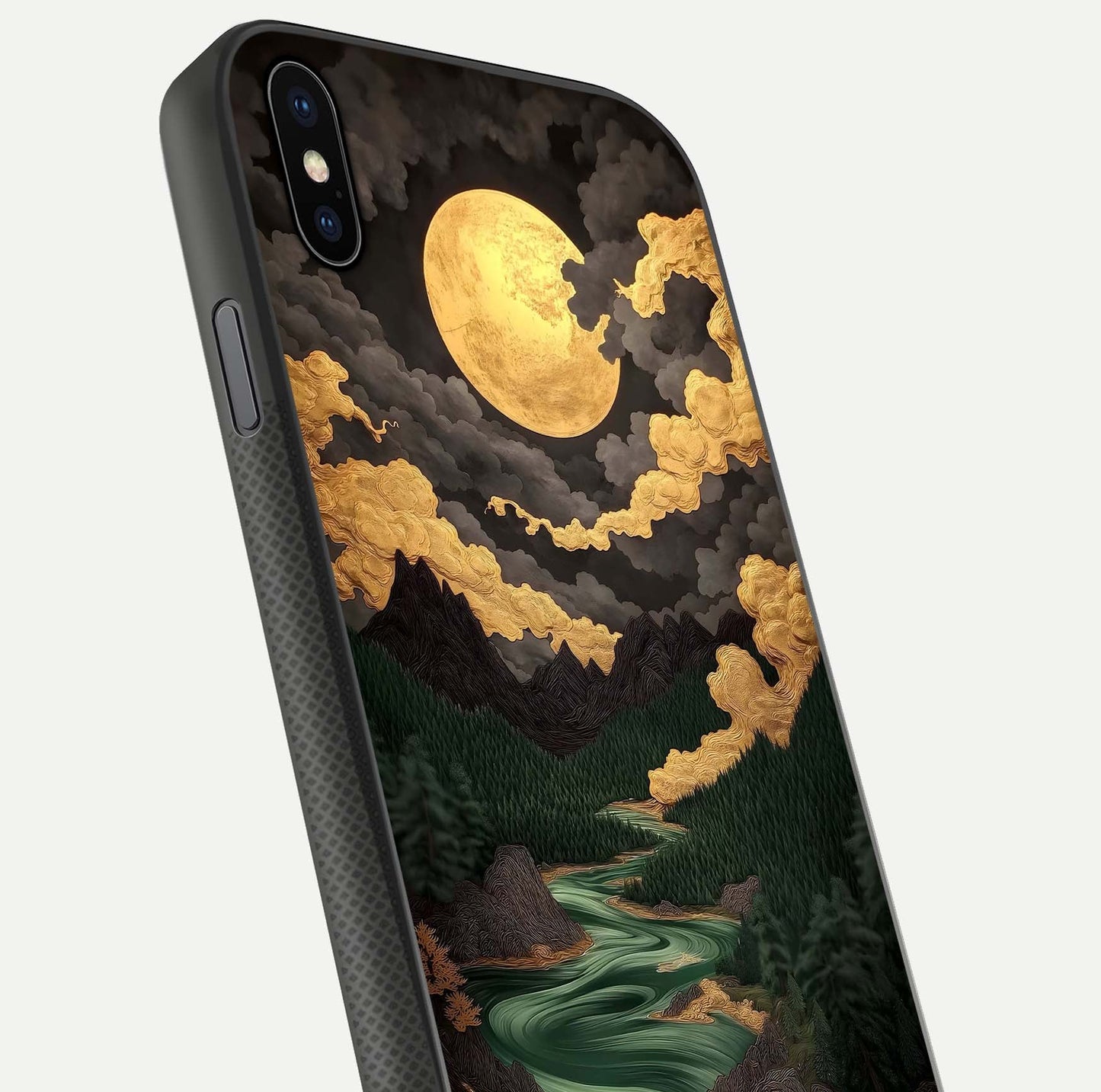 Golden River Moon Glass Case for iPhone Xs Max close-up angled shot showing moon reflection and water shine