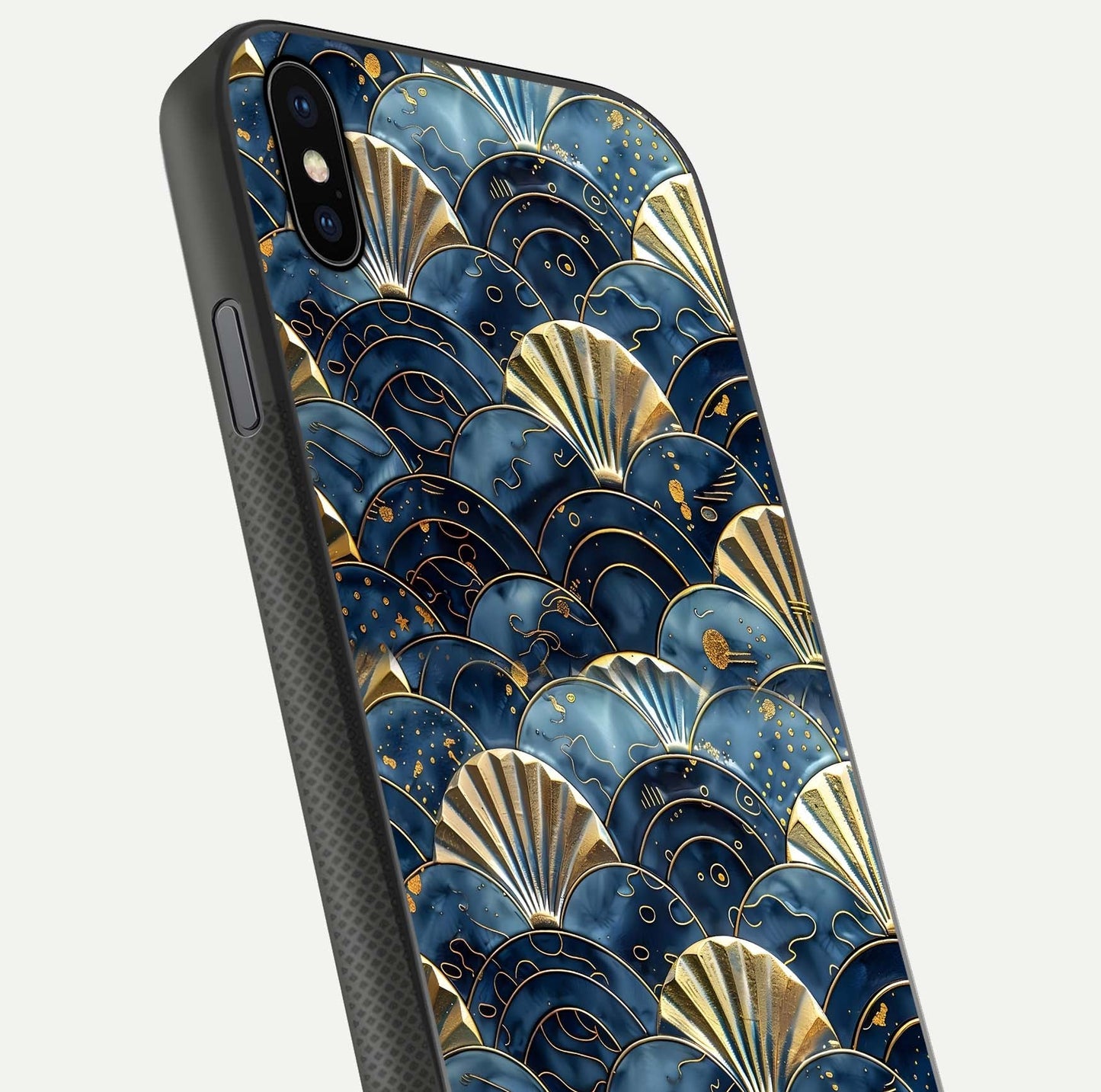 Golden Wave Luxe Glass Case for iPhone Xs Max close-up angled shot showing flowing wave texture and reflection brightness
