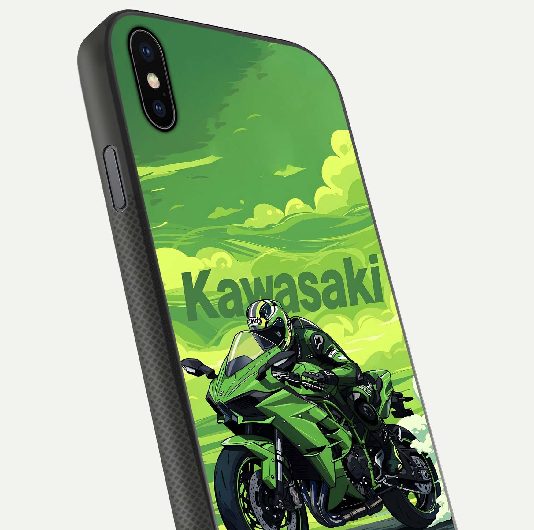 Green Kawasaki Glass Case for iPhone Xs Max close-up angled shot showing sporty line details and reflection shine