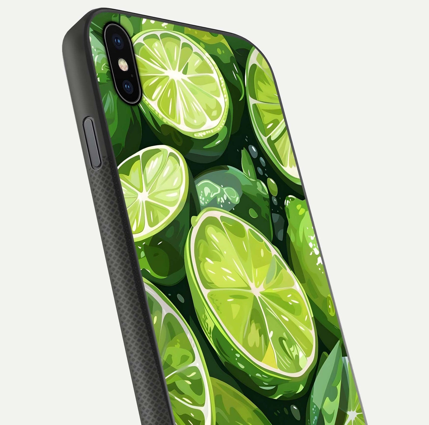 Green Lemon Glass Case for iPhone Xs Max close-up angled shot showing lemon slice texture and reflection brightness