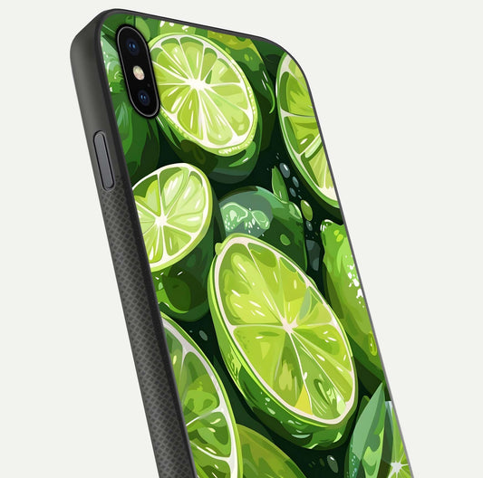 Green Lemon Glass Case for iPhone Xs Max close-up angled shot showing lemon slice texture and reflection brightness