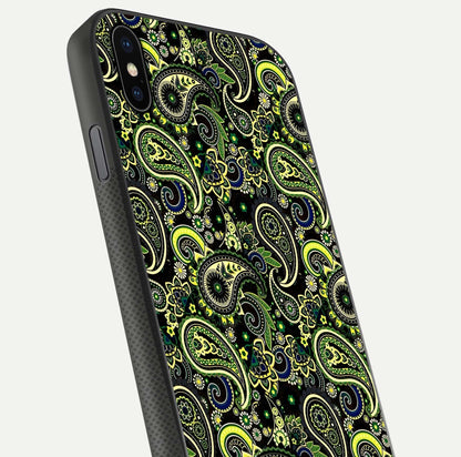 Green Mandala Pattern Glass Case for iPhone Xs Max close-up angled shot showing fine detailing and gold-green reflection