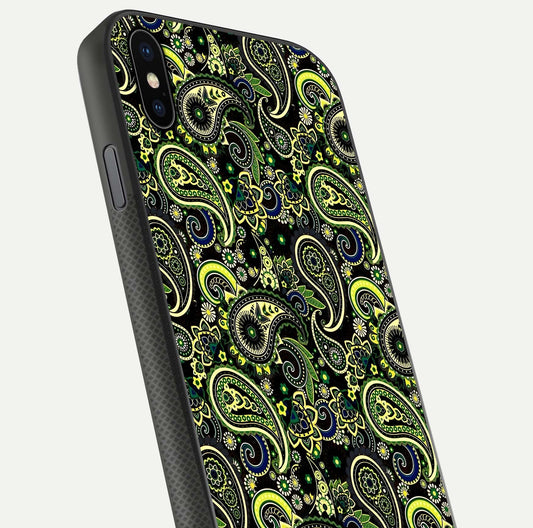 Green Mandala Pattern Glass Case for iPhone Xs Max close-up angled shot showing fine detailing and gold-green reflection