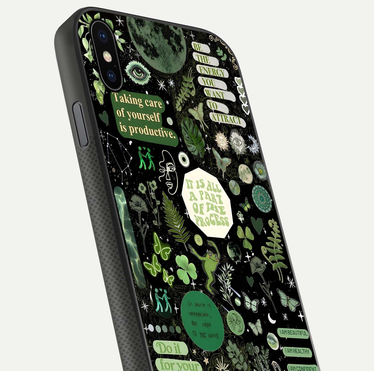Green Moon Energy Glass Case for iPhone Xs Max close-up angled shot showing glowing lunar detail and reflection shine