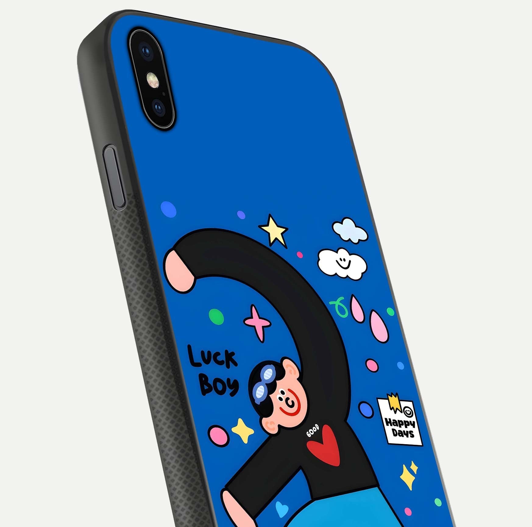 Happy Luck Vibe Glass Case for iPhone Xs Max close-up angled shot showing color details and reflection shine