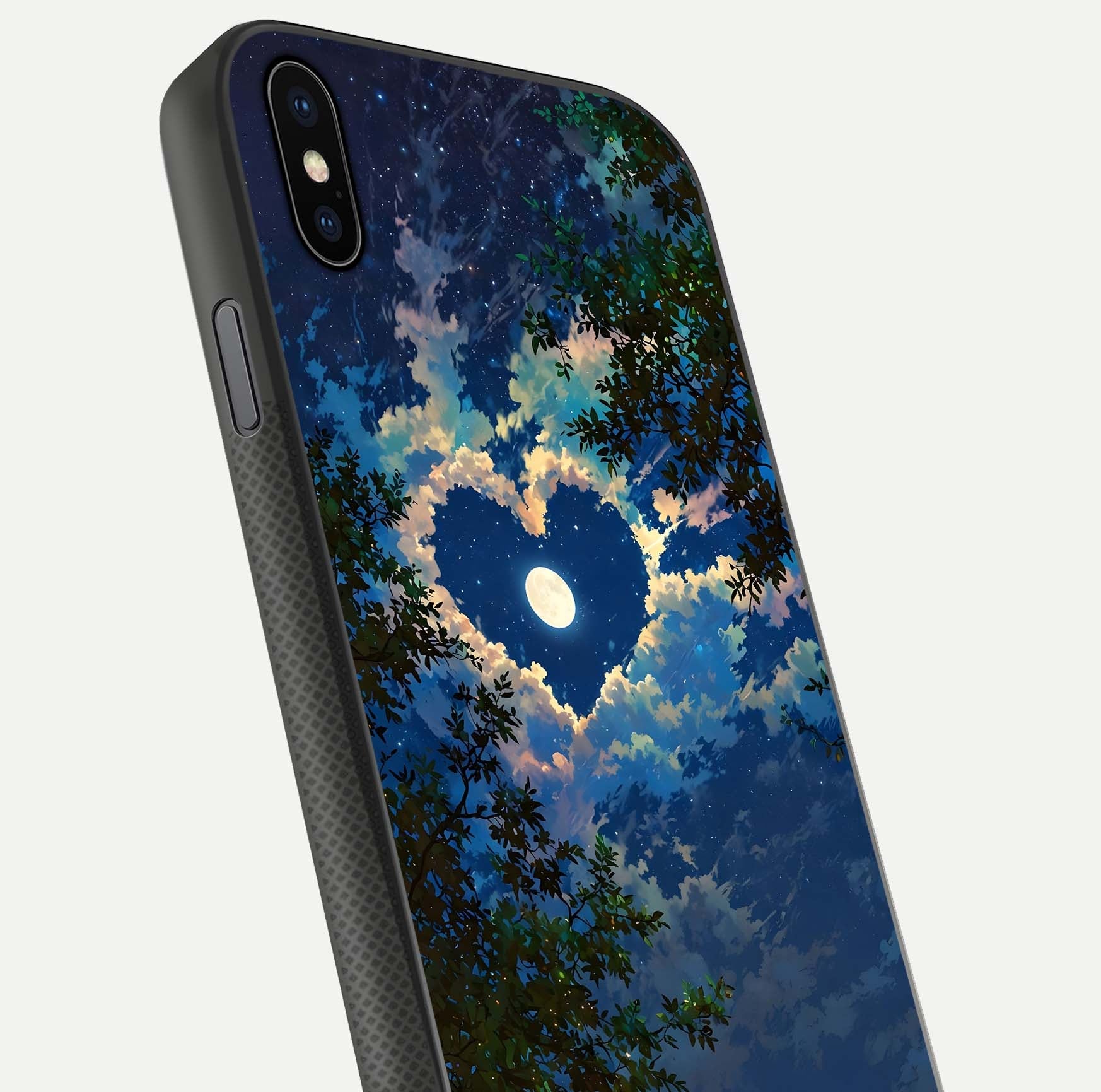 Heart with Moon Sky Glass Case for iPhone Xs Max close-up angled shot showing lunar reflection and shine detail