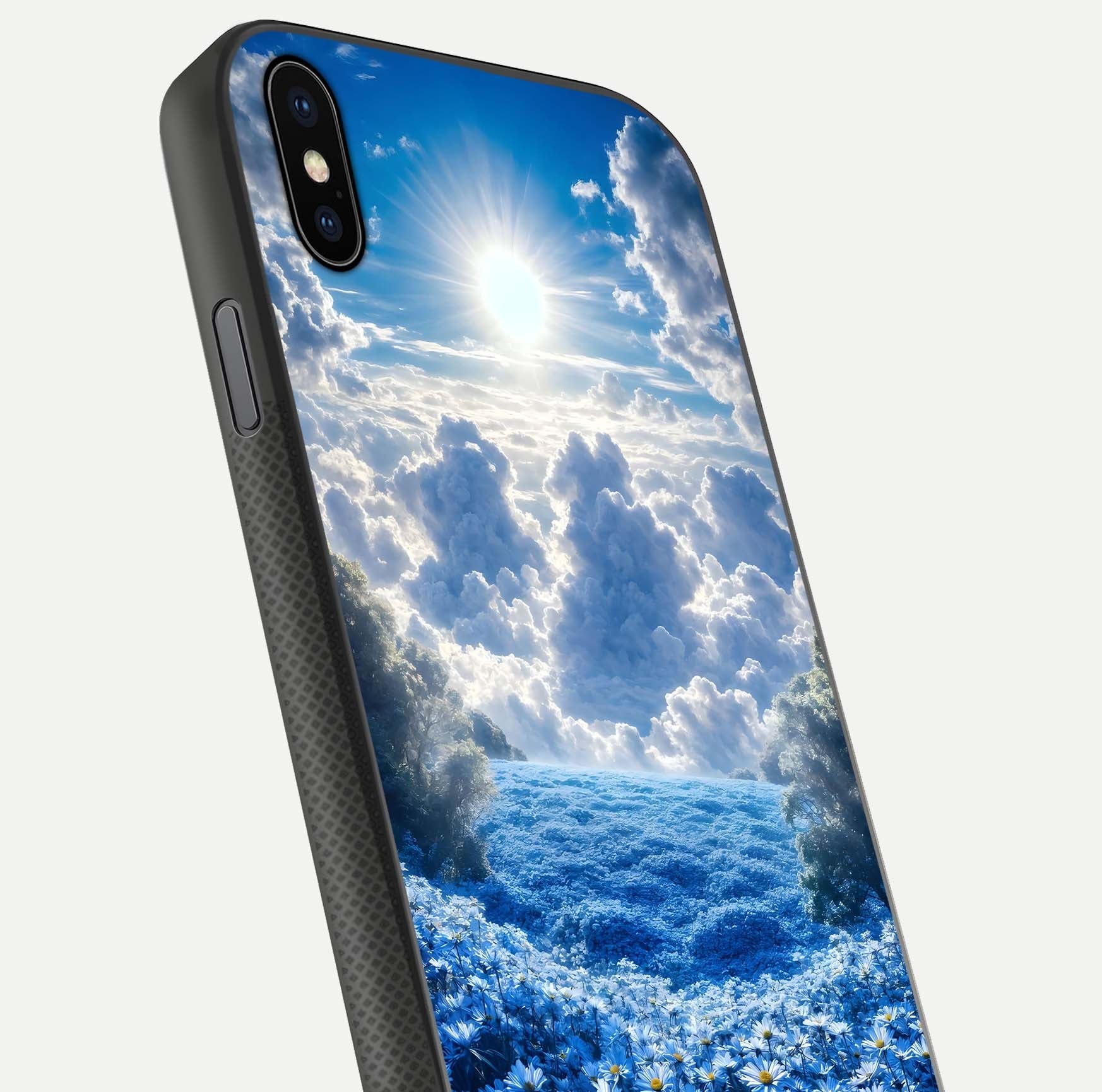Heavenly Daisy Horizon Glass Case for iPhone Xs Max close-up angled shot showing daisy petal details and light reflection