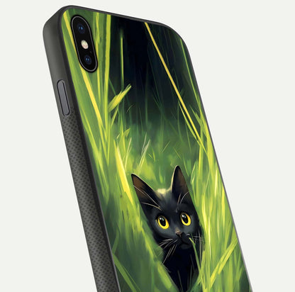 Hidden Cat Whisper Glass Case for iPhone Xs Max close-up angled shot showing feline details and reflection polish